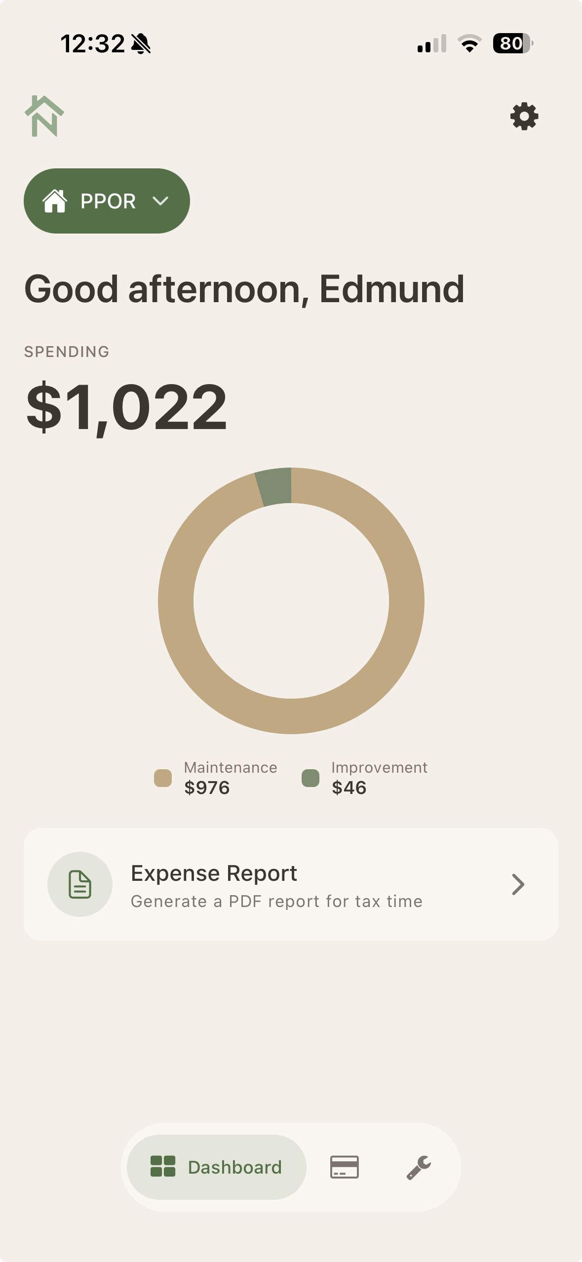 Nodko app showing property maintenance tasks, documents, and spending tracker